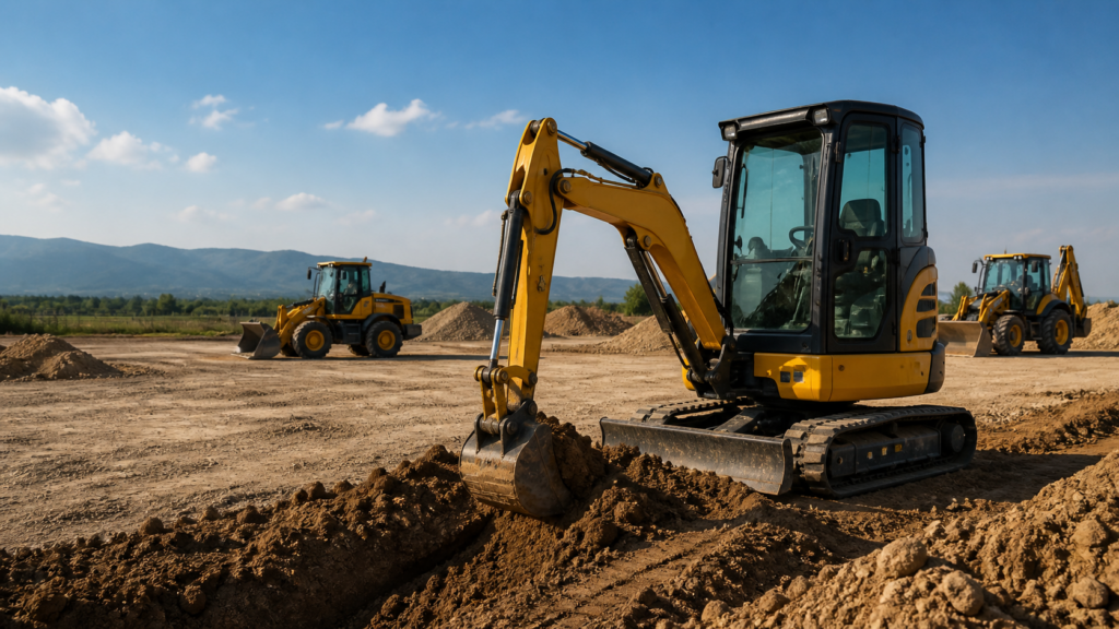 Miniescavatore e macchine movimento terra in un cantiere