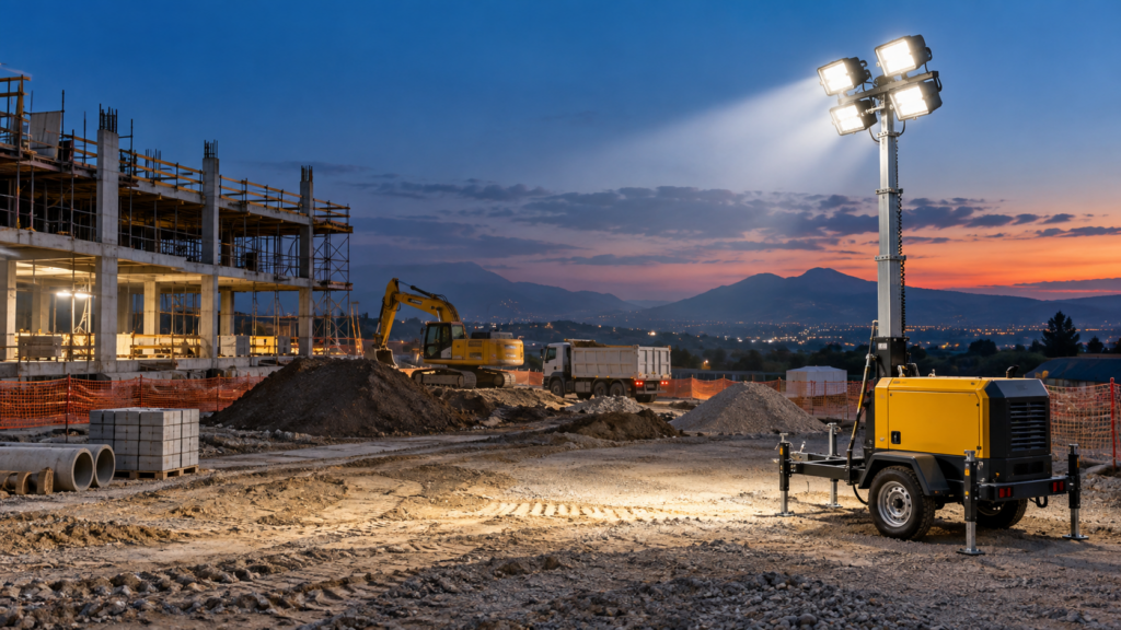 Torri faro illuminate in un cantiere edile durante il lavoro notturno